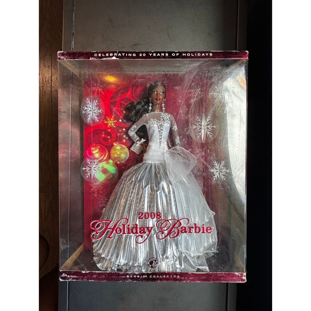 Mattel 2008 Holiday Barbie 20th Anniversary African American Doll Silver Gown - Picture 2 of 4